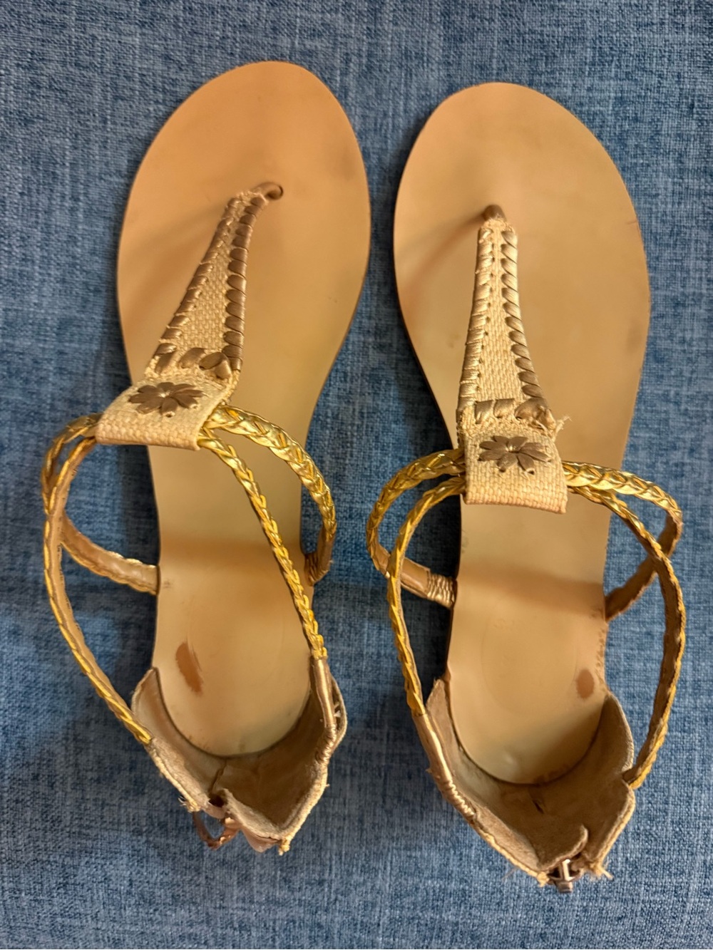 Jack Rogers Gold Braided Floral Toe-Loop Sandals with box